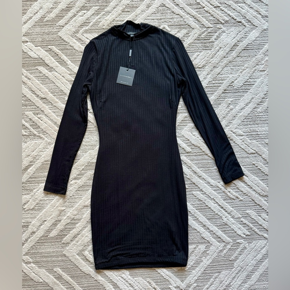 JLUXLABEL Black Ribbed Bodycon Dress Mock Neck Long Sleeve